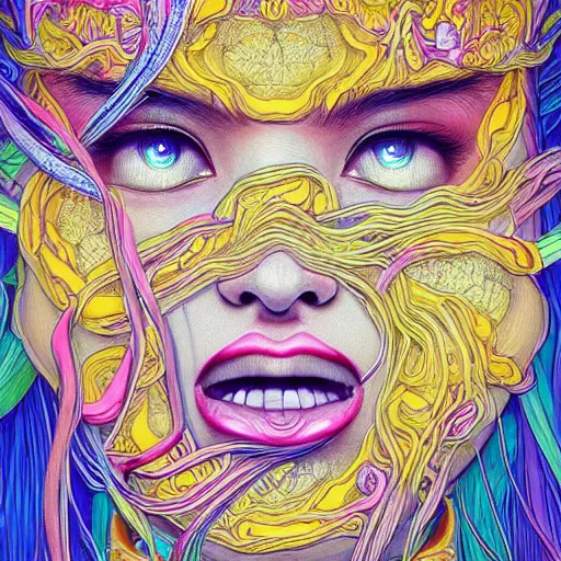 Image similar to the face of an unbelievably beautiful and pretty japanese girl partially made of onion rings of all colors looking down, an ultrafine detailed illustration by james jean, final fantasy, intricate linework, bright colors, behance contest winner, vanitas, angular, altermodern, unreal engine 5 highly rendered, global illumination, radiant light, detailed and intricate environment