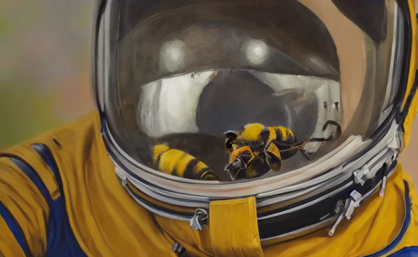 Image similar to oil painting of a bee in a astronaut suit with helmet, 35mm, photo, Epic, cinematic, highly detailed and intricate