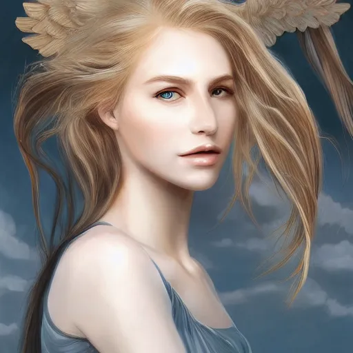 Image similar to A portrait of an attractive young female wind angel, beautiful long wild blond hair, clouds in the back, intricate, highly detailed, elegant, digital painting, trending on artstation