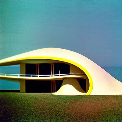 Prompt: architecture ad for a mid-century modern house by the beach, designed by Zaha Hadid. Shell. Film grain, cinematic, colorized, yellow hue