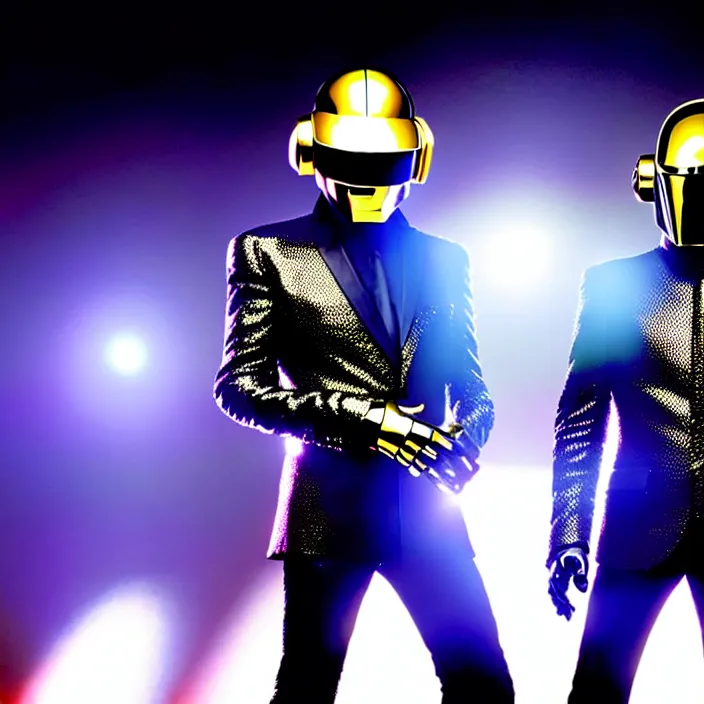 Prompt: daft punk performing at the super bowl, national geographic, photo, cinematic, soft lighting, epic