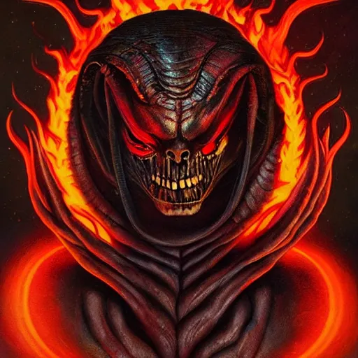 Image similar to giger doom demon portrait of satan, fire and flame, Pixar style, by Tristan Eaton Stanley Artgerm and Tom Bagshaw.