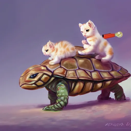 Image similar to white soldier kittens riding turtles, battalion, digital oil painting, trending on artstation