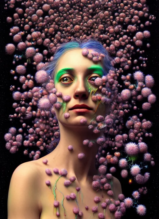 Image similar to hyper detailed 3d render like a Oil painting - Aurora (Singer) Eats of the Strangling Fruit of penance open eyes and Her Hands full of gossamer polyp blossoms bring iridescent fungal flowers whose spores black the foolish stars by Jacek Yerka, Mariusz Lewandowski, Houdini algorithmic generative render, Abstract brush strokes, Masterpiece, Edward Hopper and James Gilleard, Zdzislaw Beksinski, Mark Ryden, Wolfgang Lettl, hints of Yayoi Kasuma, octane render, 8k