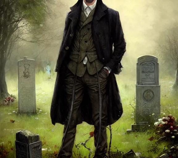 Image similar to sherlock holmes standing in a graveyard, soft colours, detailed, digital art, hd, by tom bagshaw, by fintan magee, by raymond swanland, by sherree valentine daines