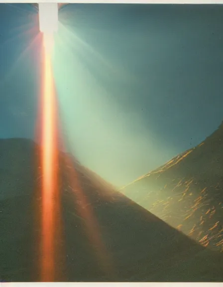 Prompt: vintage color photo of light rays shinning through a temple in Cordillera De Los Andes, 8k definition