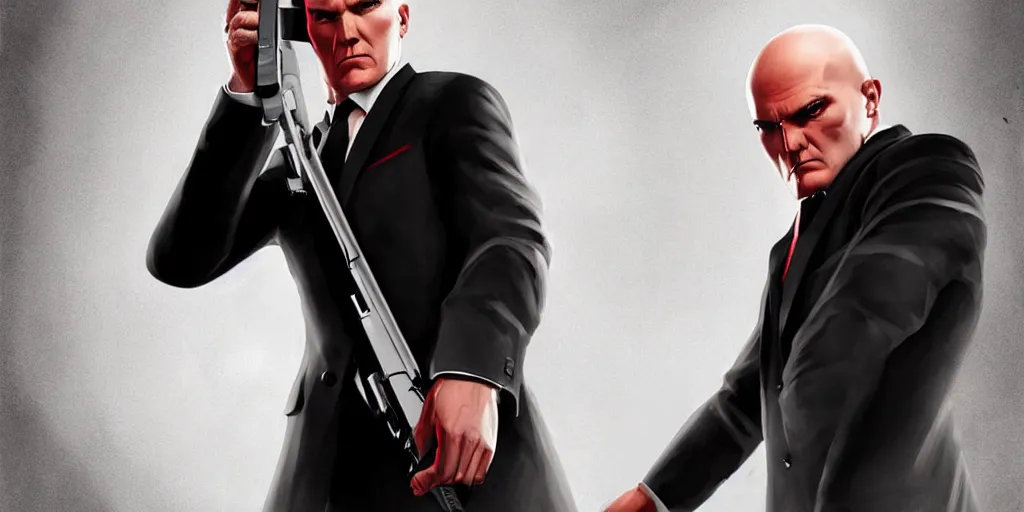 Image similar to a portrait of agent 4 7 from hitman wearing large headphones while pointing a silenced silver handgun, dark background, red rim light, smooth, sharp focus, art by irina french