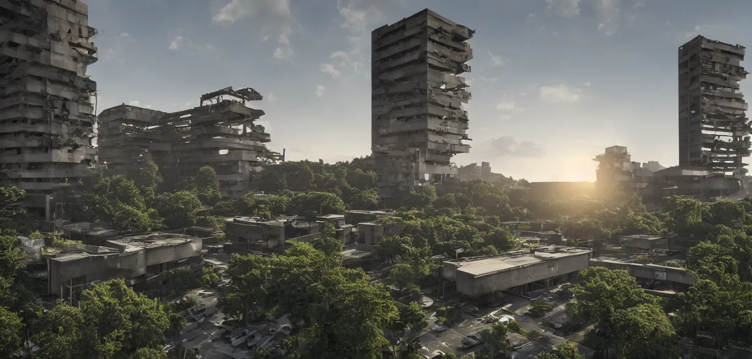 Prompt: brutalist architecture by Le Corbusier, abandoned and empty streetscapes, surrounded by lush green vegetation, ground-level view, stunning volumetric lighting, sunset, rusted steel, solid concrete, glass, stunning skies, trending on Artstation, 8k, photorealistic, hyper detailed, unreal engine 5, IMAX quality, cinematic, epic lighting, in the style of DOOM and Greg Rutkowski