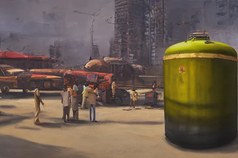 Image similar to an oil painting of a fuel tank being worshipped my millions in Dhaka city, concept art