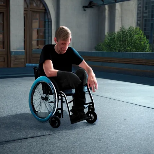 Image similar to tony hawk in a wheelchair, crying, no legs, photograph, hyper realistic, outdoors, midafternoon, 4 k, artstation, unreal engine, cinematic