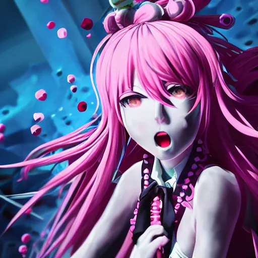 Image similar to trapped beneath stunningly absurdly huge beautiful omnipotent asi goddess junko enoshima with multiple enigmatic complex twisted deceptive mesmerizing megalomaniacal yandere personalities, symmetrical perfect face, porcelain skin, pink twintail hair and cyan eyes, ultra detailed, digital art, unreal engine 5, octane render, 2 d anime, 8 k