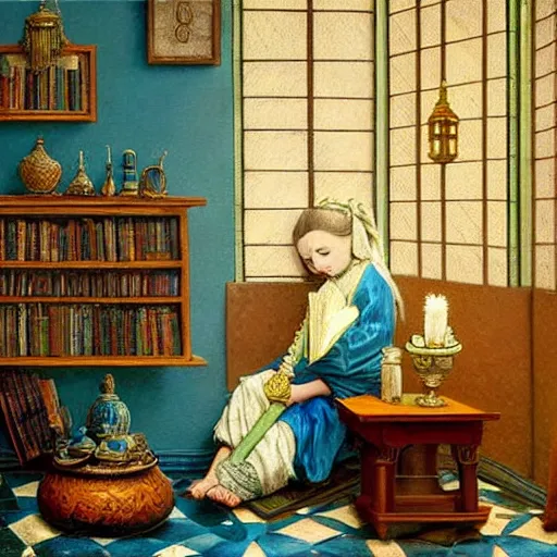 Prompt: a highly detailed fantasy pastel oil painting of a young wizard in ornate clothing lounging on a purpur pillow on the marble floor in front of her bookcase, studying an ancient tome. to the side is a potted plant and some blue candles. ancient oriental fantasy setting. in the style vermeer and mark tedin