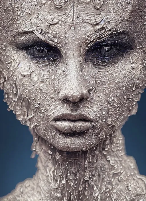 Image similar to sculpture made of water, portrait, female, future, shaman, harper's bazaar, vogue, magazine, insanely detailed and intricate, concept art, close up, wet, ornate, luxury, elite, elegant, trending on artstation, by ruan jia, by Kenneth Willardt, by ross tran, by WLOP, by Andrei Riabovitchev,