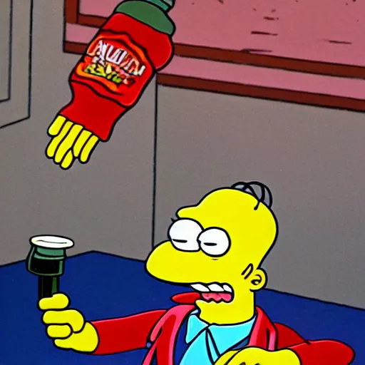 Prompt: mr. burns with arms up in the air holding ketchup bottles that are spraying ketchup like fireworks, simpsons, cartoon