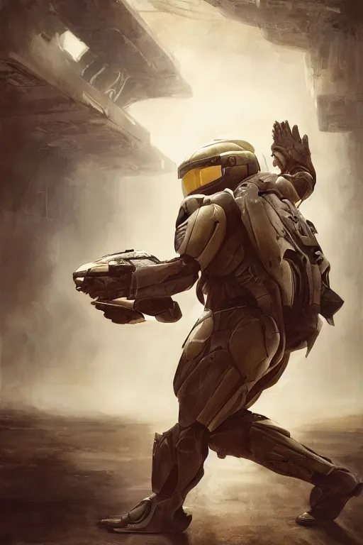 Image similar to slowpoke pokemon playing as master chief, oil on canvas, intricate, 8 k highly professionally detailed, hdr, cgsociety