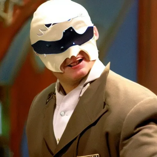 Image similar to Tim Robinson from I think You should Leave, dressed up as the the Lone Ranger outfit and eye mask disguise, photo from the TV show Hot Shots Megee