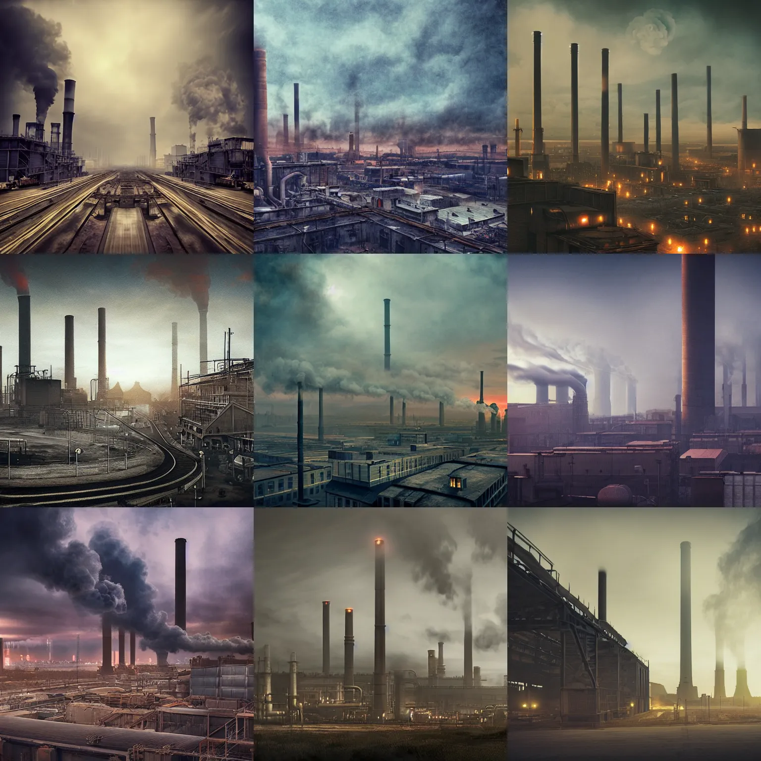 Prompt: endless industrial megafactory complex, smokestacks, steampunk, smoke, night, gloomy, matte painting