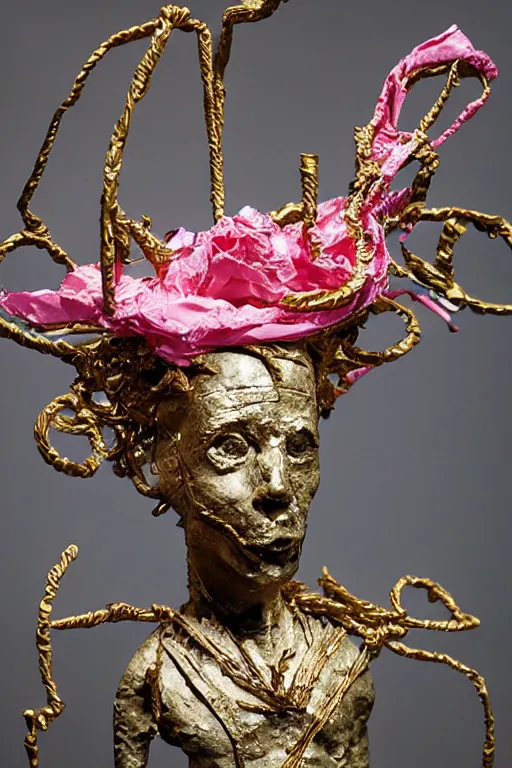 Image similar to papercraft scene made entirely of pipecleaners and crumpled foil of Jean-Michel Basquiat as a full-body bronze baroque statue of Icarus in the posing like a bird for flight, crown of peach roses, flowing pink-colored silk, fabric, flowers. baroque elements, human skull. full-length view. baroque element. intricate artwork by caravaggio. many many birds birds on background. Trending on artstation, octane render, cinematic lighting from the right, hyper realism, octane render, 8k, depth of field, 3D