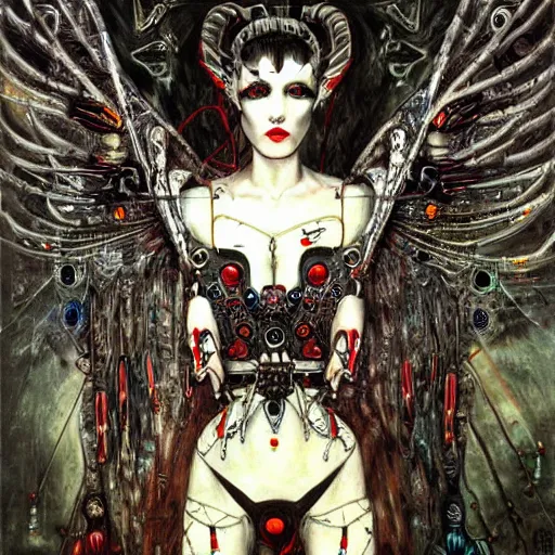 Image similar to winged cybernetic vampire with horns trapped in circuitry, intricate detail, miro, royo, whealan, klimt,