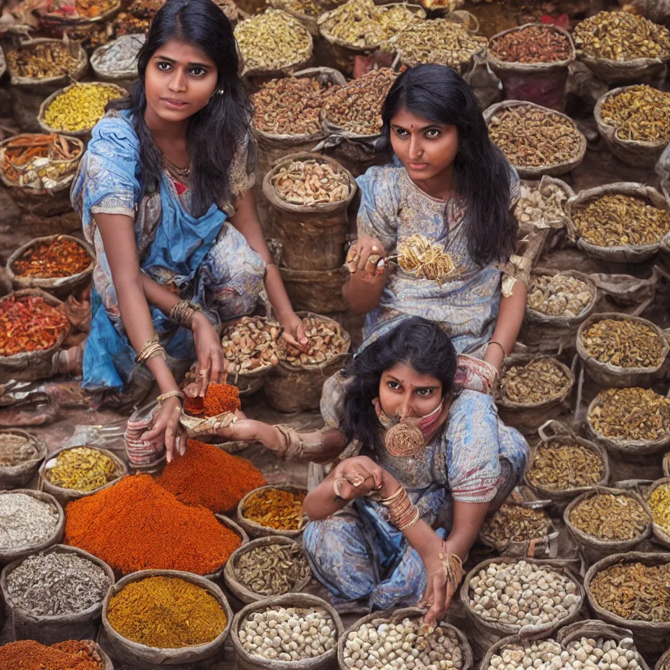 Image similar to young indian woman standing in a spice market weighing out spices, masterful intricate artwork, high detail 8 k