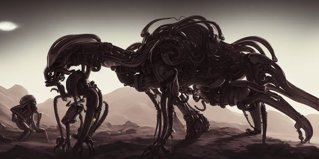 Image similar to single mono colossal android, in the background are xenomorphs, mars, artstation cinematic