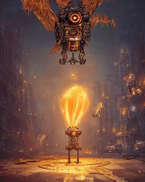 Image similar to oil painting of Gigantic Steampunk Owl Robot sharp focus, exploding golden steampunk city background, fantasy style, octane render, volumetric lighting, 8k high definition, by greg rutkowski, highly detailed, trending on art Station, magic the gathering artwork, centered, dramatic artwork, combat scene