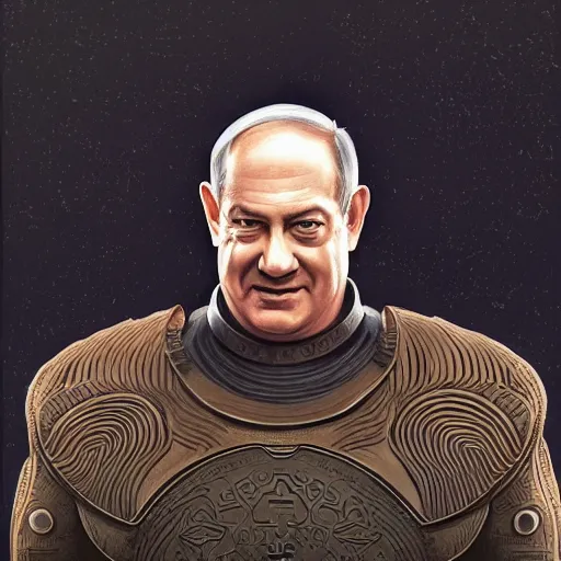 Image similar to benjamin netanyahu as vladimir harkonnen, dune, portrait, intricate, elegant, highly detailed, digital painting, artstation, concept art, wallpaper, smooth, sharp focus, illustration, art by h. r. giger and artgerm and greg rutkowski and alphonse mucha