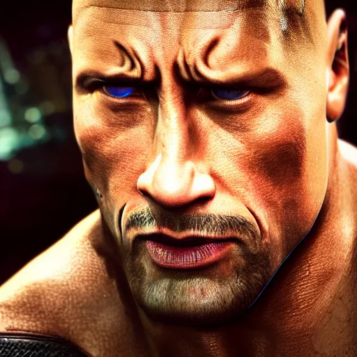 Image similar to dwayne johnson with terminator's eye, cyberpunk 2 0 7 7, photorealistic, ultra detailed, neon, octane, bokeh, cinematic lighting, cyber, cyberpunk city, studio quality, feature, scars, cyberface, 8 k