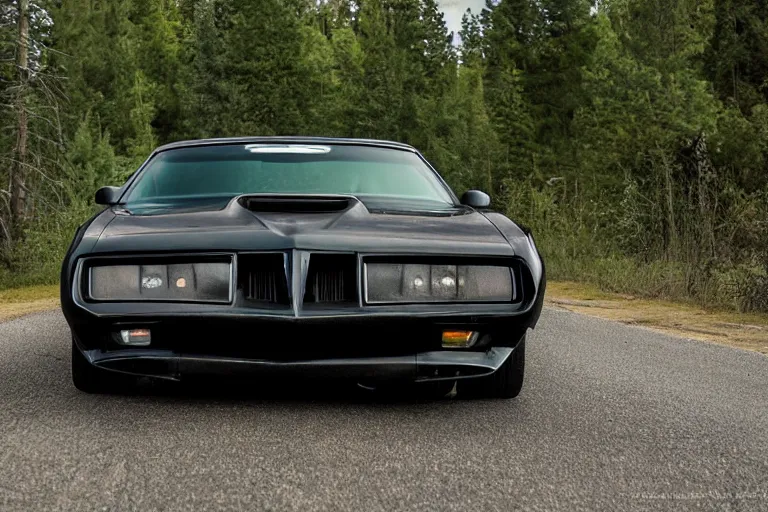 Image similar to pontiac firebird trans - am with black paint, sunrise, eerie light, fireflies, dog watching the car, dramatic, cinematic, forest, horror, sunbeams, volumetric lighting, wide shot, low angle, lightning storm hitting the car, ground cracking open to reveal a portal to hell