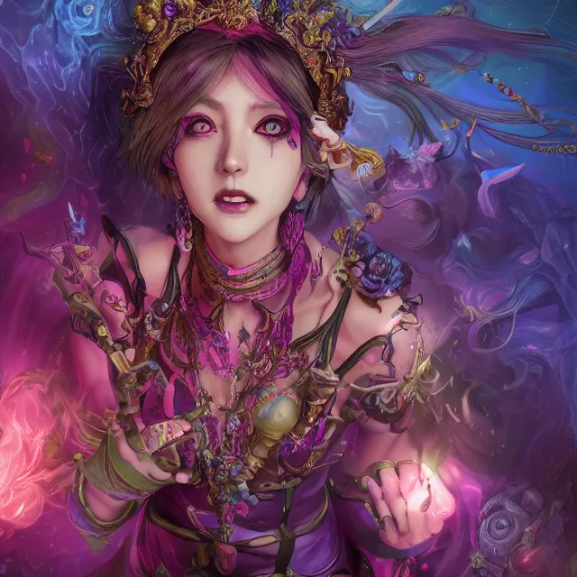 Image similar to the portrait of chaotic evil fallen colorful female necromancer overlord as absurdly beautiful, elegant, young idol, an ultrafine hyperdetailed illustration by kim jung gi, irakli nadar, detailed faces, intricate linework, bright colors, octopath traveler, unreal engine 5 highly rendered, global illumination, radiant light, detailed and intricate environment, 8 k