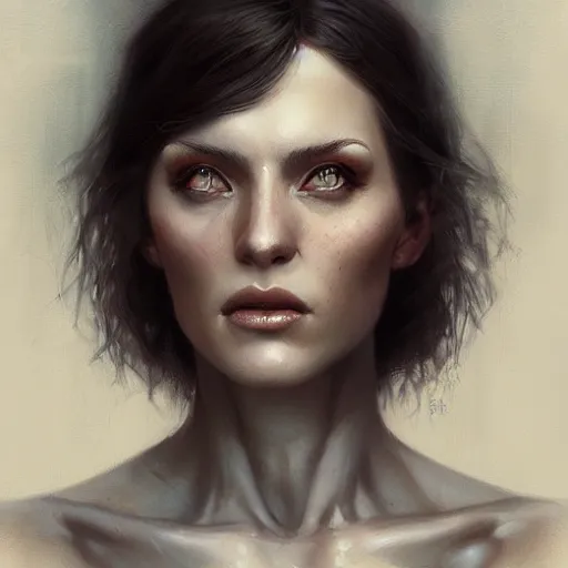 Image similar to painting of a beautiful grey haired girl with muscles, by tom bagshaw, greg rutkowski, wlop