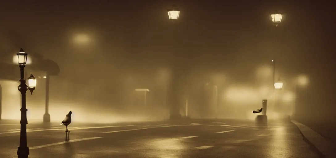 Image similar to a duck battling a humanoid megastructure street lamp, fog, cinematic shot, still from a movie by bong joon - ho