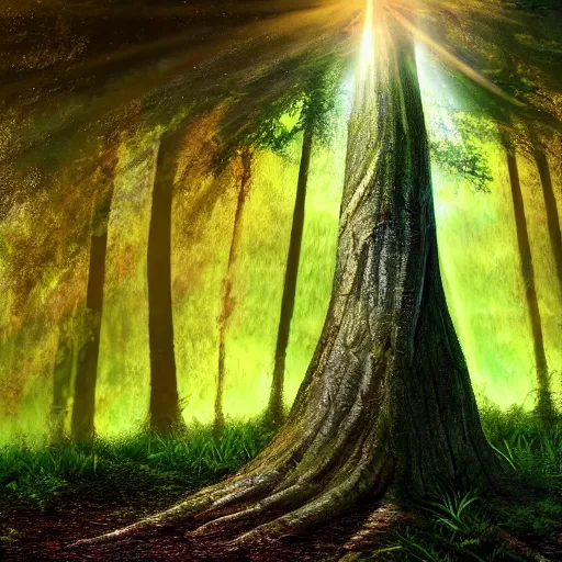 Image similar to a very detailed, highly rendered, highly photorealistic, spectacular, lively, warm tree standing in a thickly vegetated forest in a fantasy world, realistic, high definition, dreamlike light incidenc, holy light shining on it, during a colorful sunraise, award winning picture, trippy