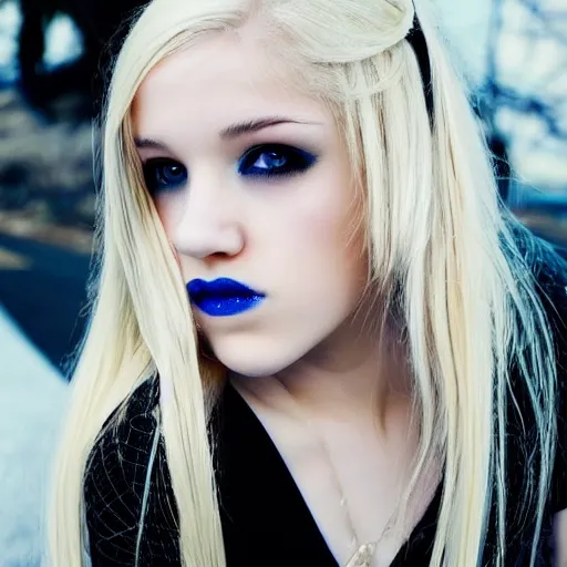 Image similar to photoshoot portrait of a teen emo girl, blonde and blue hair, flawless features, pale skin, beautiful beautiful beautiful instagram selfie, tyftt, prime