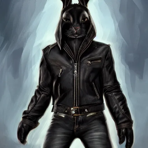 Prompt: A bunny with small head wearing a fine intricate leather jacket and leather jeans and leather gloves, trending on FurAffinity, energetic, dynamic, digital art, highly detailed, FurAffinity, high quality, digital fantasy art, FurAffinity, favorite, character art