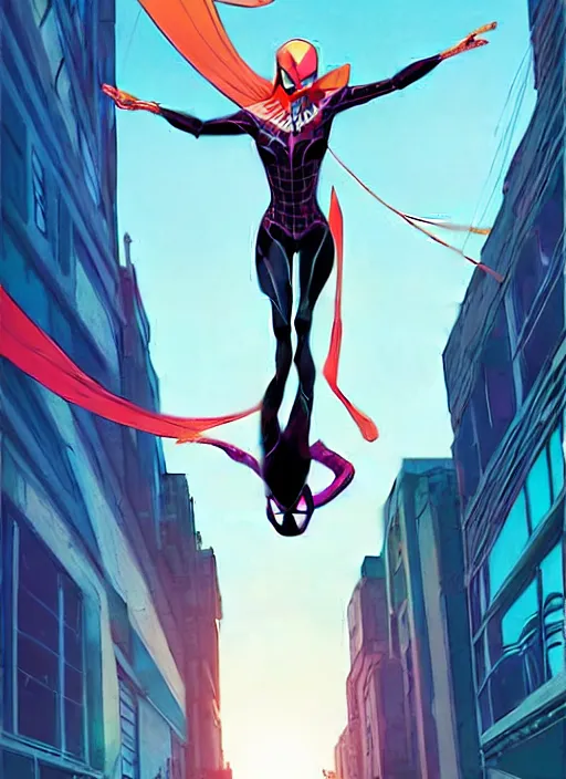 Prompt: Rafeal Albuquerque comic art, Joshua Middleton comic art, cinematics lighting, sunset colors, pretty female Emma Stone Spider-Gwen Marvel comics, hanging from spider-man web, playful smirk, symmetrical face, symmetrical eyes, full body, flying in the air, city in background