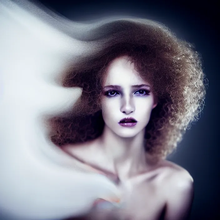 Image similar to photography of a beautiful woman with curly blond hair dressed in long white, fine art photography light painting in style of Paolo Roversi, professional studio lighting, volumetric lighting, dark background, hyper realistic photography, fashion magazine style