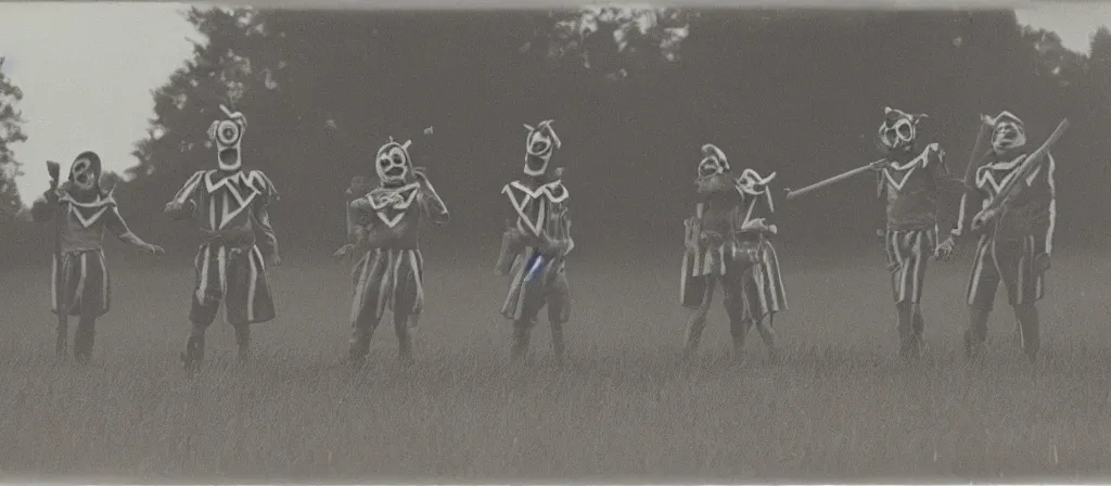 Image similar to circa 1 9 7 0 s restored 1 3 mm film photograph of a group of clowns in a field holding machetes at night, liminal, dark, thunderstorm, dark, flash on, blurry, ominous lighting