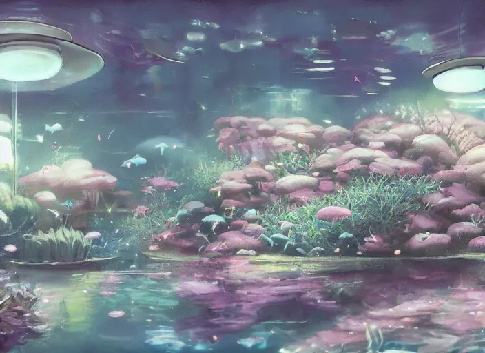 Image similar to placid pastel morning cozy moody cluttered painterly fluffy tiny cramped aquatic pet store, lots of aquariums, slanted ceiling, tiny space, particulate, trending on pixiv