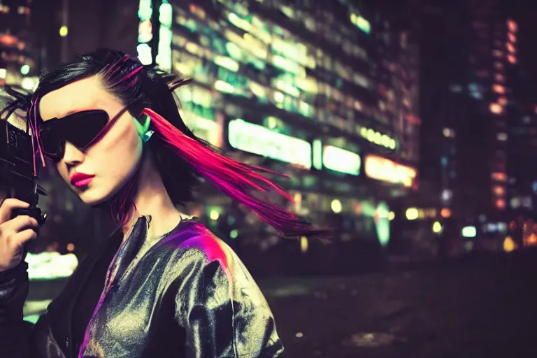 Prompt: closeup gorgeous young trained female cyberpunk assassin, sunglasses, died hair, shag cut, fit futuristic geisha, hero pose colorful city lighting, night by emmanuel lubezki