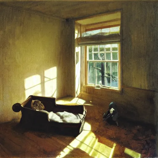 Prompt: upstairs bedroom, light streaming in from window illuminating child's toy, Andrew Wyeth