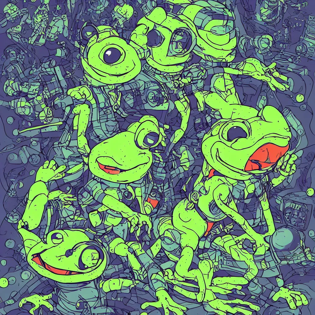 Image similar to toad head, ryuta ueda artwork, breakcore, style of jet set radio, y 2 k, gloom, space, cel - shaded art style, frogs, amphibians, sacred geometry, data, minimal, code, cybernetic, dark, eerie, cyber