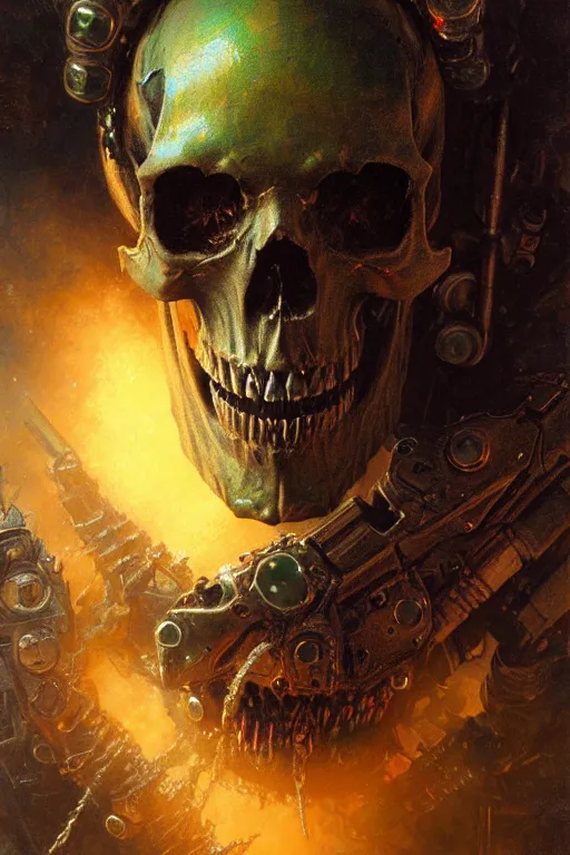 Image similar to extreme close up metal skull with bullets for teeth glowing green portal behind it portrait dnd, painting by gaston bussiere, craig mullins, greg rutkowski, yoji shinkawa