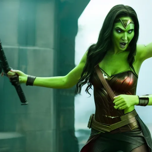 Prompt: Film still of Gal Gadot as Gamora, from Guardians of the Galaxy Vol. 2 (2017)