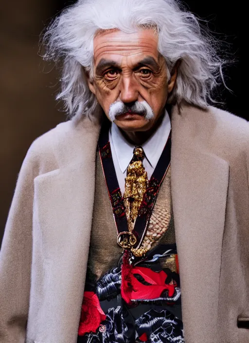 Image similar to hyperrealistic and heavy detailed gucci runway show of albert einstein, leica sl 2 5 0 mm, vivid color, high quality, high textured, real life