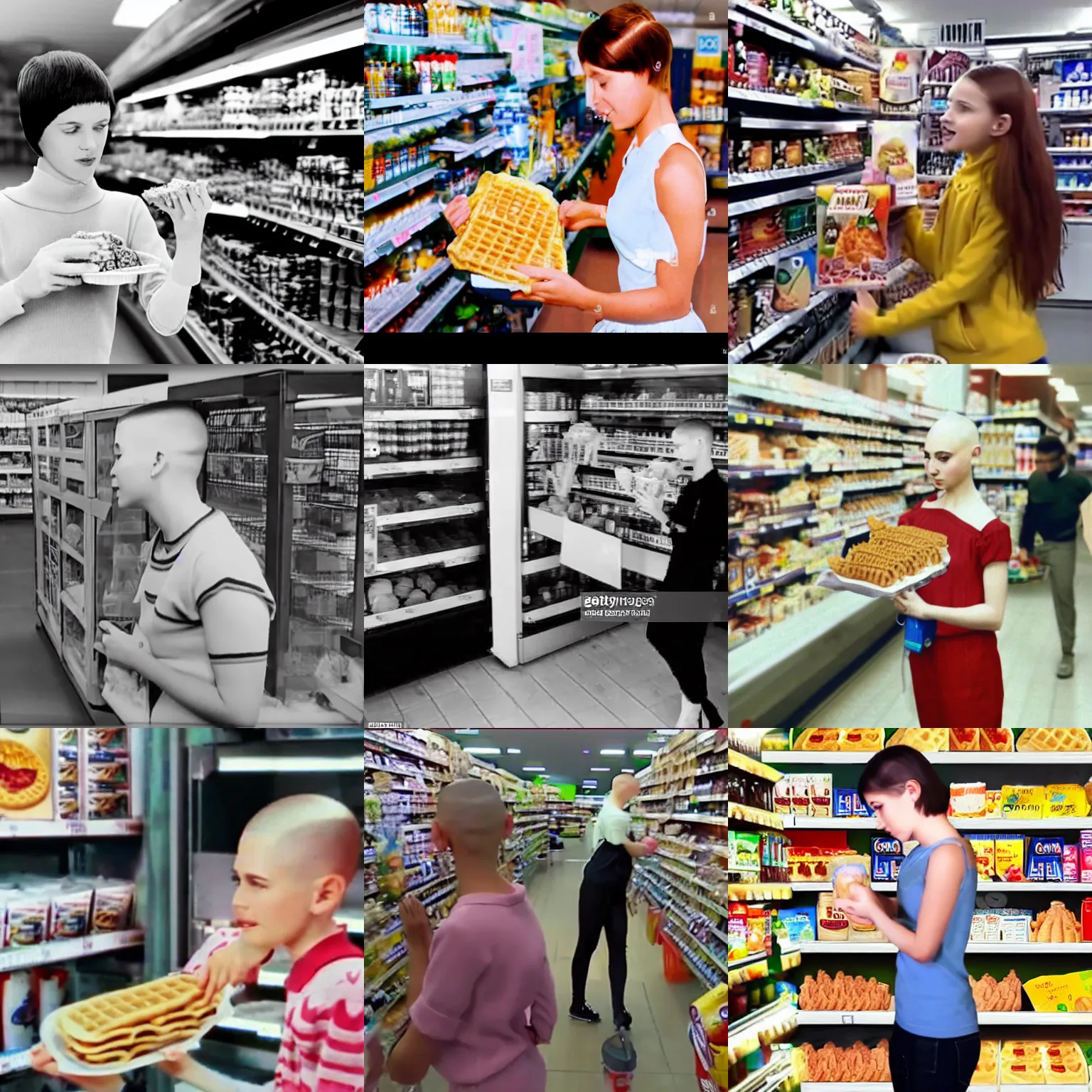 Prompt: Girl with buzz cut hair taking Eggos from a supermarket freezer CCTV footage