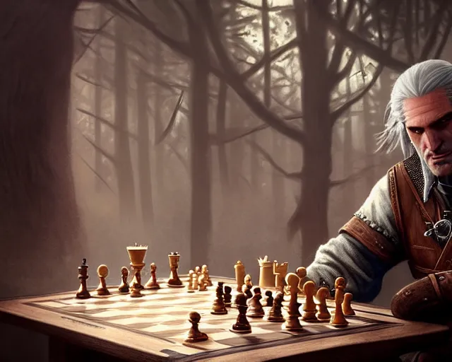 Image similar to 5 5 mm portrait photo of geralt playing chess. magical atmosphere. art by greg rutkowski. highly detailed 8 k. intricate. lifelike. soft light. nikon d 8 5 0.