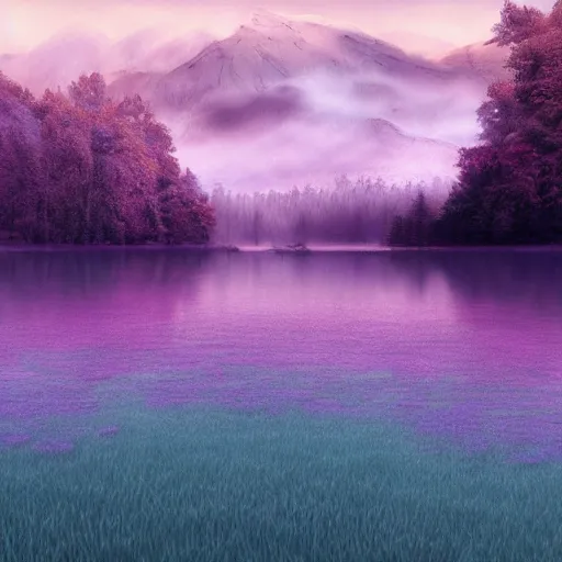 Prompt: A lake covered in purple mist. Award-winning digital art; trending on ArtStation