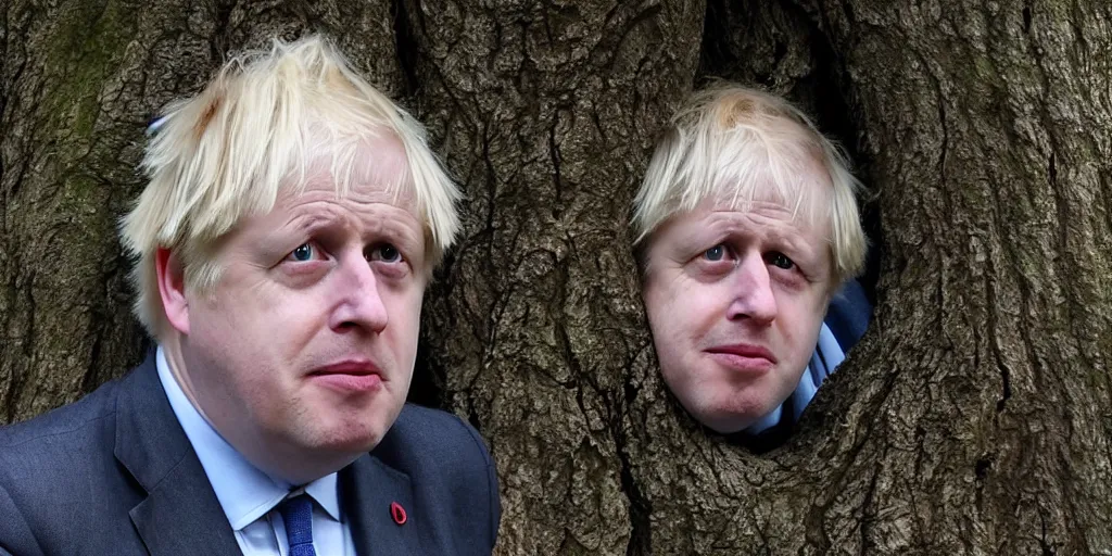 Image similar to extremely derpy looking boris johnson peeking out from behind a tree, trailcam footage