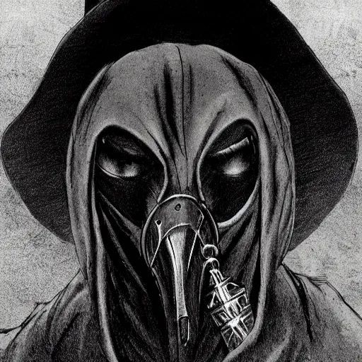 Image similar to a portrait of a plague doctor gunslinger, dark fantasy, horror, western, hell, ultrafine detailed digital pencil art by frank frazetta and vito acconci and and takeshi obata and mike mignola, death note style, colored, symmetric body, cgsociety, sharp focus, detailed face, looking at the camera